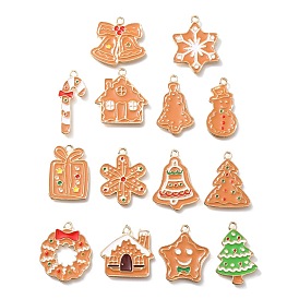 Christmas Theme Alloy Enamel Pendants, Light Gold, Bell & Christmas Tree & Snowman Charm