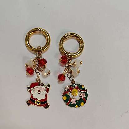 2 piezas 2 estilos de decoración colgante de aleación de esmalte con forma de corona de Navidad y Papá Noel, con aros de compuerta de resorte de aleación