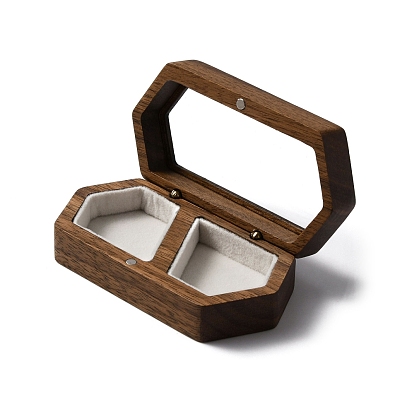 2-Slot Wooden Couple Rings Storage Boxes, Clear Window Wedding Ring Case, with Magnetic Clasps and Velvet Inside, Hexagon