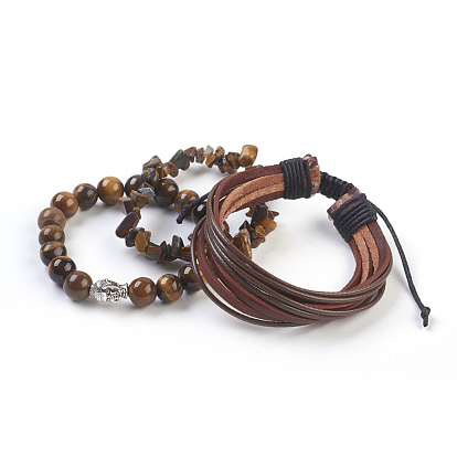 Bracelets oeil de tigre naturelles, avec cordon en cuir de vachette, cordon en polyester avec cire coréenne et perles en alliage 3 d tête de bouddha, avec boîte de papier