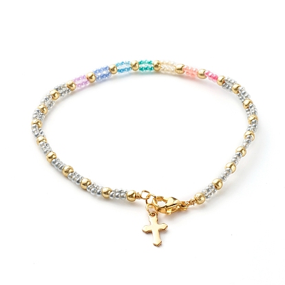 Pulsera de cuentas de semillas de vidrio para niña mujer, pulsera con colgante de cruz diminuta, dorado
