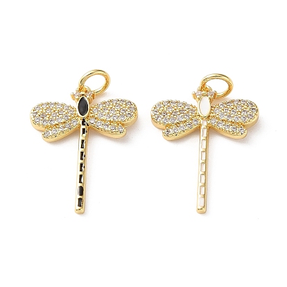Brass Micro Pave Clear Cubic Zirconia Pendants, with Enamel, Dragonfly Charms, Cadmium Free & Lead Free, Rack Plating, Long-Lasting Plated, Real 18K Gold Plated