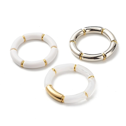 Chunky Curved Tube Beads Stretch Bracelets Set for Girl Women, Acrylic & CCB Plastic Beads Bracelet, Golden