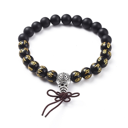 Natural Black Agate(Dyed) Beads Stretch Bracelets, with Round Carved Om Mani Padme Hum Natural Obsidian Beads and Tibetan Style Alloy Guru Bead Sets, with Burlap Bag
