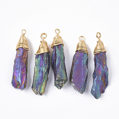 Electroplate Natural Quartz Crystal Pendants, with Brass Findings, Nuggets, Golden