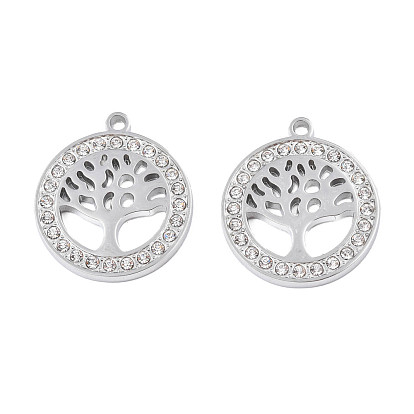 304 Stainless Steel Pendants, with Crystal Rhinestone, Ring with Tree