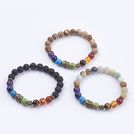 Chakra bijoux, bracelets élastiques de pierres précieuses naturelles, avec des perles d'alliage, sacs de jute, bronze antique, Bouddha et fleur