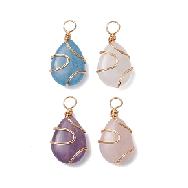 Natural Mixed Stone Copper Wire Wrapped Pendants, Teardrop Charms, Light Gold, Mixed Dyed and Undyed