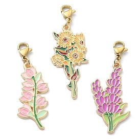 Alloy Enamel Pendant Decotations, with 304 Stainless Steel Lobster Claw Clasps, Flower