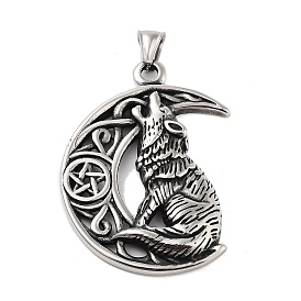 Retro 304 Stainless Steel Big Pendants, Moon with Wolf Charm