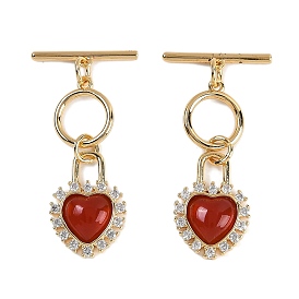 Natural Carnelian Toggle Clasps, with Brass Micro Pave Clear Cubic Zirconia Findings, Heart