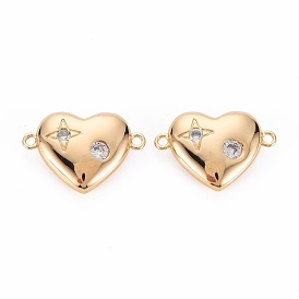 Brass Micro Pave Clear Cubic Zirconia Connector Charms, Nickel Free, Heart
