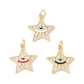 Brass Micro Pave Clear Cubic Zirconia Pendants, with Jump Rings and Enamel, Cadmium Free & Lead Free, Real 18K Gold Plated, Long-Lasting Plated, Star with Eye