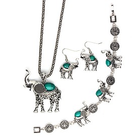 Комплекты из ожерелья, сережек и браслетов из сплава слона и синтетической бирюзы, античное серебро