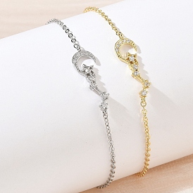 Bracelets en laiton sertis de micro-pavés de zircon cubique transparent en forme de lune et d'étoile, plaqué longue durée, crémaillère plaquage, sans plomb et sans cadmium