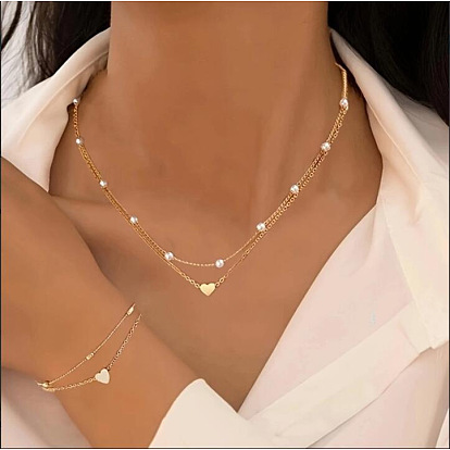 Ожерелья и двухслойные браслеты из искусственного жемчуга в форме сердца и пластика