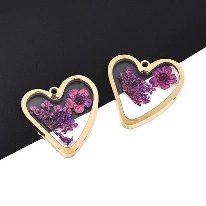 304 Stainless Steel Epoxy Resin Pendants, Heart with Dried Flower, Ion Plating(IP), Real 18K Gold Plated