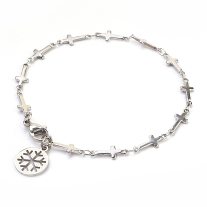 304 Stainless Steel Charm Bracelets, Flat Round with Snowflake