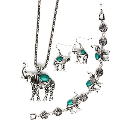 Комплекты из ожерелья, сережек и браслетов из сплава слона и синтетической бирюзы, античное серебро