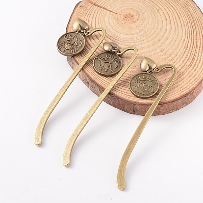 Constellation/Zodiac Sign Theme Tibetan Style Alloy Bookmarks, with Flat Round Pendants and Heart Charms, 85x14x2mm