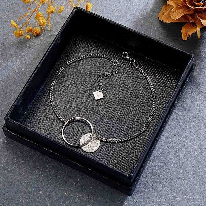 925 Sterling Silver Flat Round Charm Anklet with Ring, Women's Jewelry for Summer Beach