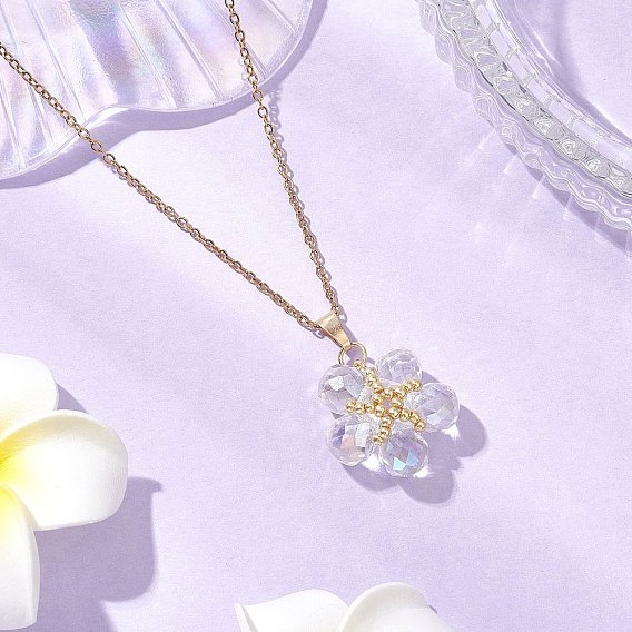 Стеклянные и стеклянные бусины цветочные подвески ожерелья, 304 женские ожерелья-цепочки из нержавеющей стали, золотые