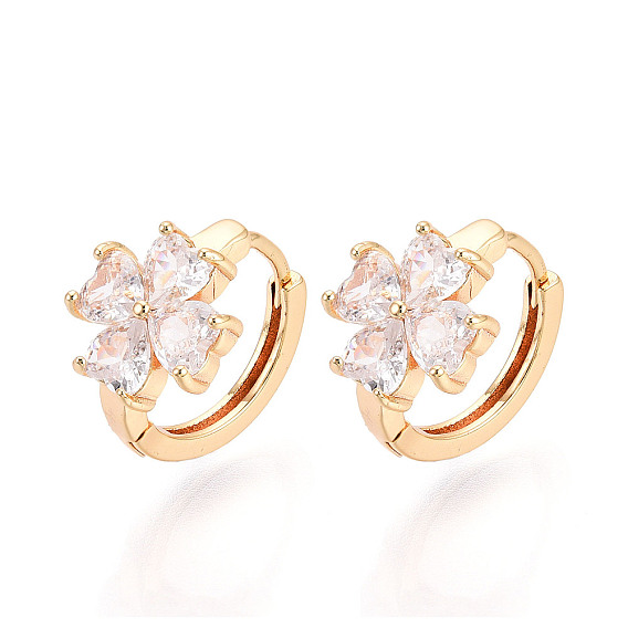 Серьги-кольца с клевером из латуни с микропаве из прозрачных кубических цирконий