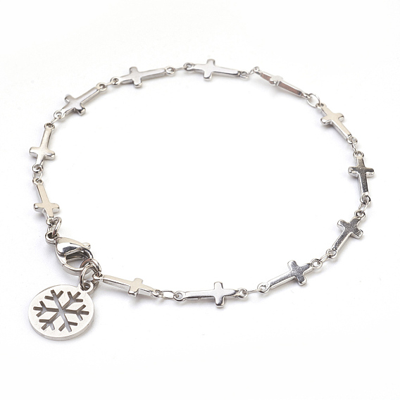304 Stainless Steel Charm Bracelets, Flat Round with Snowflake