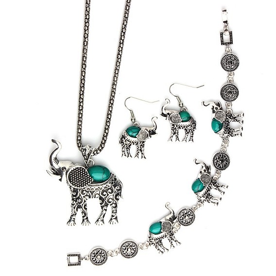 Комплекты из ожерелья, сережек и браслетов из сплава слона и синтетической бирюзы, античное серебро