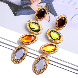 Colorful Crystal Oval Metal Inlaid Glass Pendant Earrings for Fashionable European and American Style