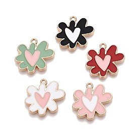 Rack Plating Alloy Enamel Pendants, Golden, Flower with Heart Charm