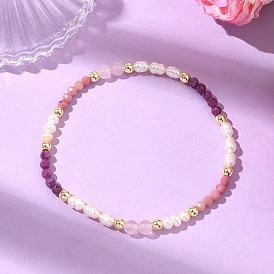 Эластичные браслеты для женщин из натурального родонита, розового кварца, рубина и культивированного пресноводного жемчуга., круглые, С немагнитным синтетическим гематитом