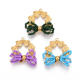 304 подвески из нержавеющей стали, клевер и бант, со стеклянными бисеринами, реальный 18 k позолоченный, ионное покрытие (ip)