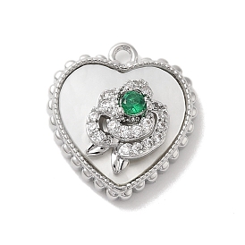 Brass Micro Pave Clear Cubic Zirconia Pendants, with Glass & Shell & Jump Ring, Heart with Flower