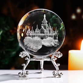 Inner Carving Castle Glass Crystal Ball Diaplay Decoration, with Alloy Pedestal, Fengshui Home Decor