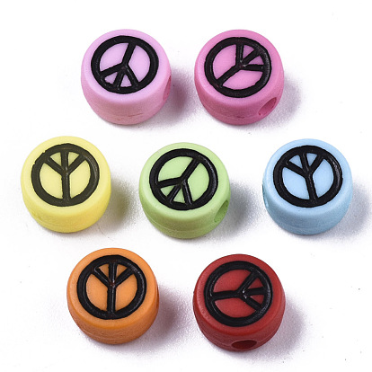 Opaque Acrylic Beads, with Enamel, Flat Round with Peace Sign