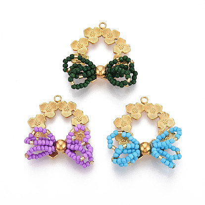 304 подвески из нержавеющей стали, клевер и бант, со стеклянными бисеринами, реальный 18 k позолоченный, ионное покрытие (ip)