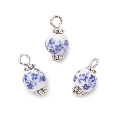 10 шт. фарфоровых подвесок ручной работы с цветочным принтом, круглые, с тибетском стиле сплава
