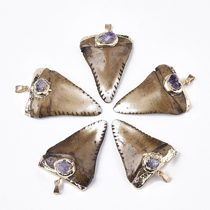 Harz große spitze Anhänger, mit Messingschnappbügeln und natürlichem Amethyst, Haifischzahnform, golden