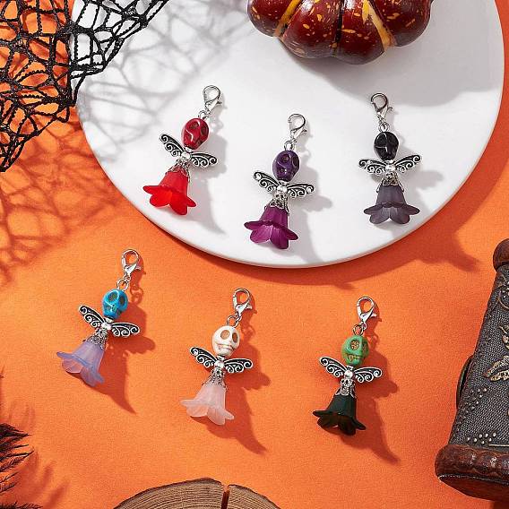 6 шт. 6 Цвета: прозрачный акрил и окрашенная синтетическая бирюза, подвеска в виде черепа-ангела на Хэллоуин, Сплав с застежками когтя омара, платина