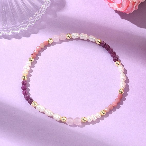 Эластичные браслеты для женщин из натурального родонита, розового кварца, рубина и культивированного пресноводного жемчуга., круглые, С немагнитным синтетическим гематитом