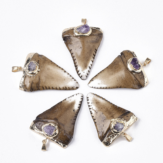 Resin Big Pointed Pendants, with Brass Snap On Bails and Natural Amethyst, Shark Teeth Shape, Golden