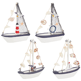 4Pcs 4 Styles Mediterranean Style Natural Wood Home Display Decorations, with Natural Shell, Sailboat with Sea Gull