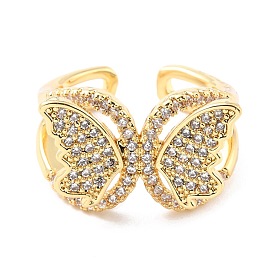 Brass Micro Pave Cubic Zirconia Cuff Ring, Long-Lasting Plated, Butterfly