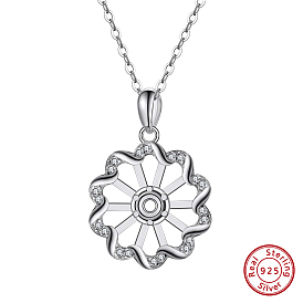 925 Sterling Silver Pendant Cabochon Setting Micro Pave Clear Cubic Zirconia, Flower