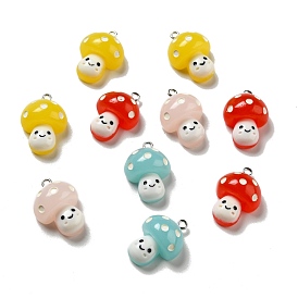 Opaque Resin Pendants, with Platinum Tone Iron Loops, Mushroom with Smiling Face Charm