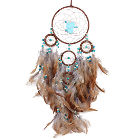Woven Net/Web with Feather Synthetic Turquoise and with Iron Pendants Decoration, Home Craft Wall Hanging, Car Feather Pendant