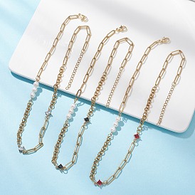 Ожерелья из цепочек со стеклянными звеньями из нержавеющей стали и круглым белым жемчугом и ромбами для женщин, золотые