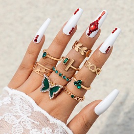 9-Piece Geometric Leaf Heart Butterfly Diamond Ring Set - Versatile and Stylish