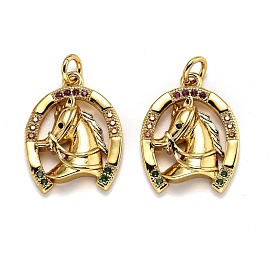 Brass Micro Pave Cubic Zirconia Pendants, Long-Lasting Plated, with Jump Rings, Horse